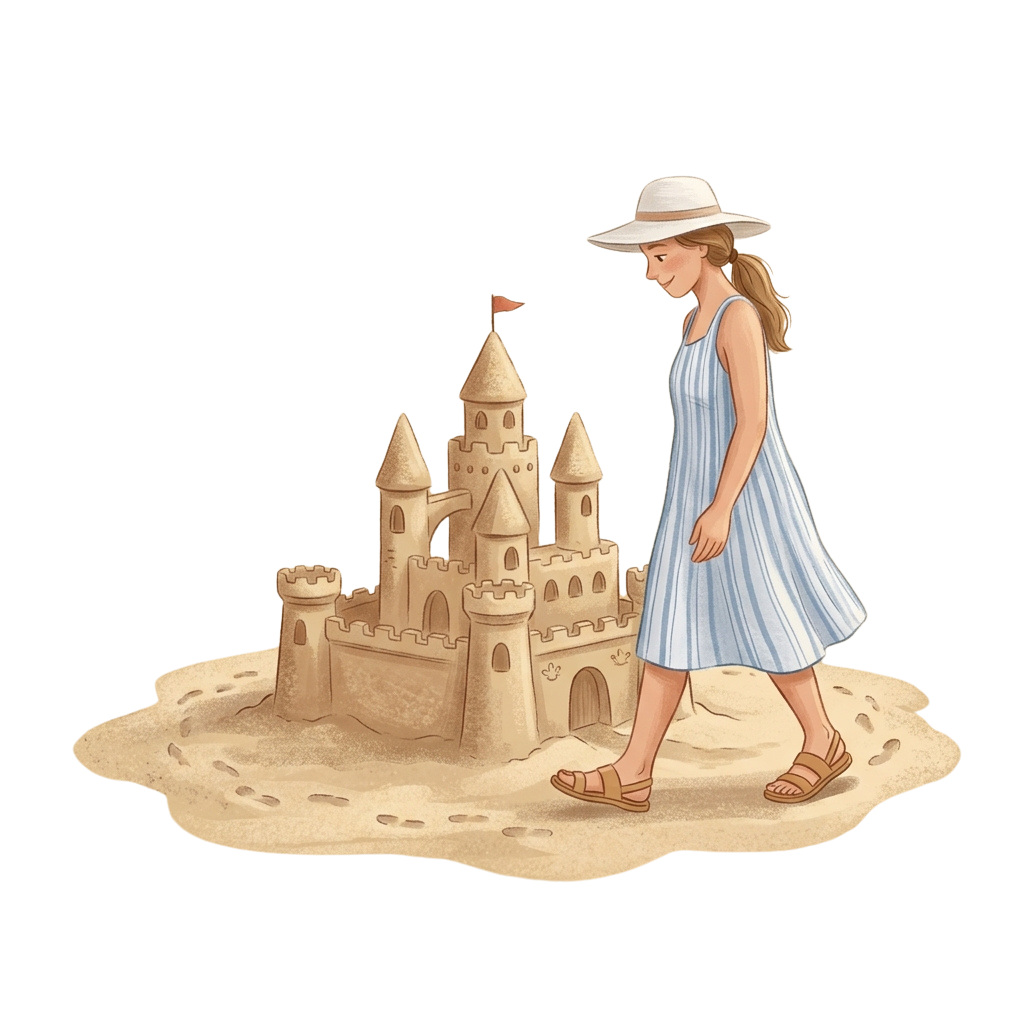 A girl in a light blue dress and sunhat walks near a detailed sandcastle on sandy beach ground
