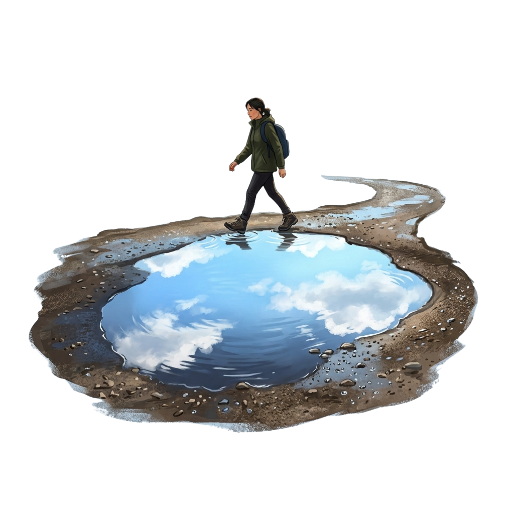Illustration of a person walking across a puddle reflecting a sky with clouds