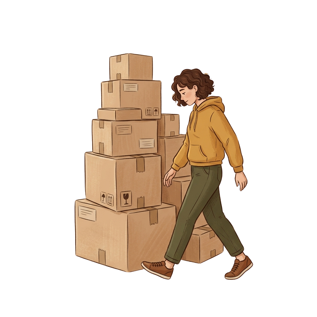Illustration of a person walking past a tall stack of cardboard boxes with various symbols on them.