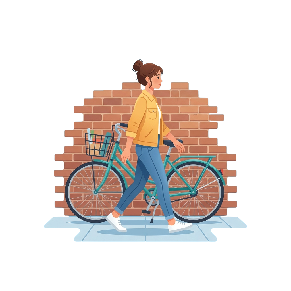 Illustration of a person walking alongside a bicycle next to a brick wall