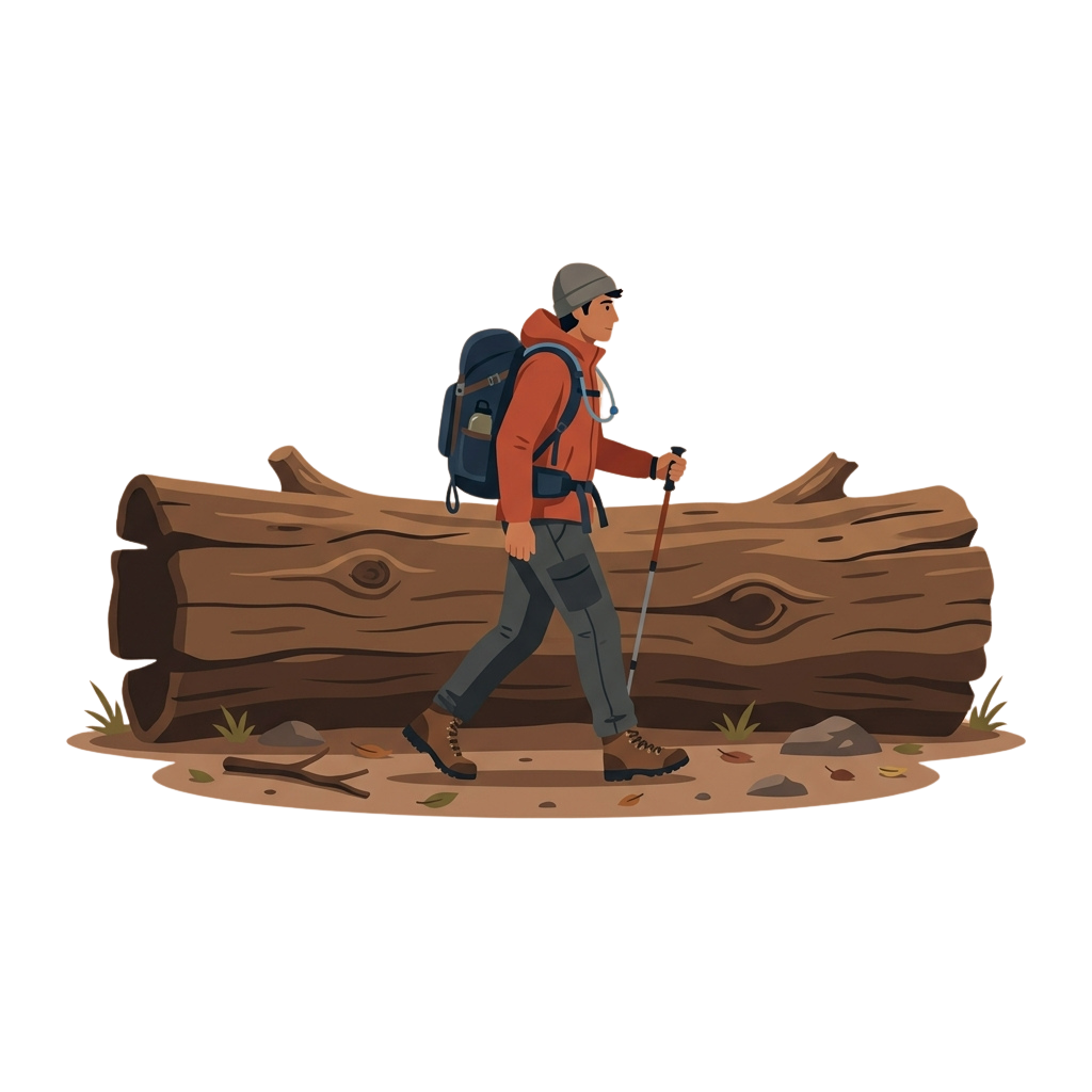 Illustration of a hiker stepping over a large fallen tree trunk on a forest trail