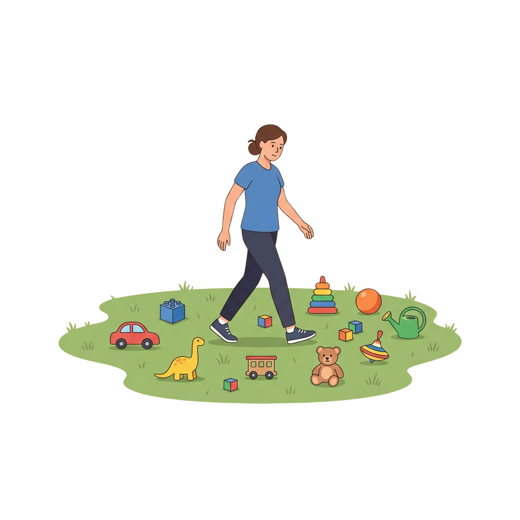 Illustration of a child walking on grass surrounded by various colorful toys including a car, blocks, teddy bear, and dinosaur