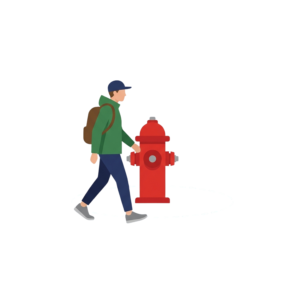 Illustration of a person walking past a red fire hydrant with a dashed circle around them.