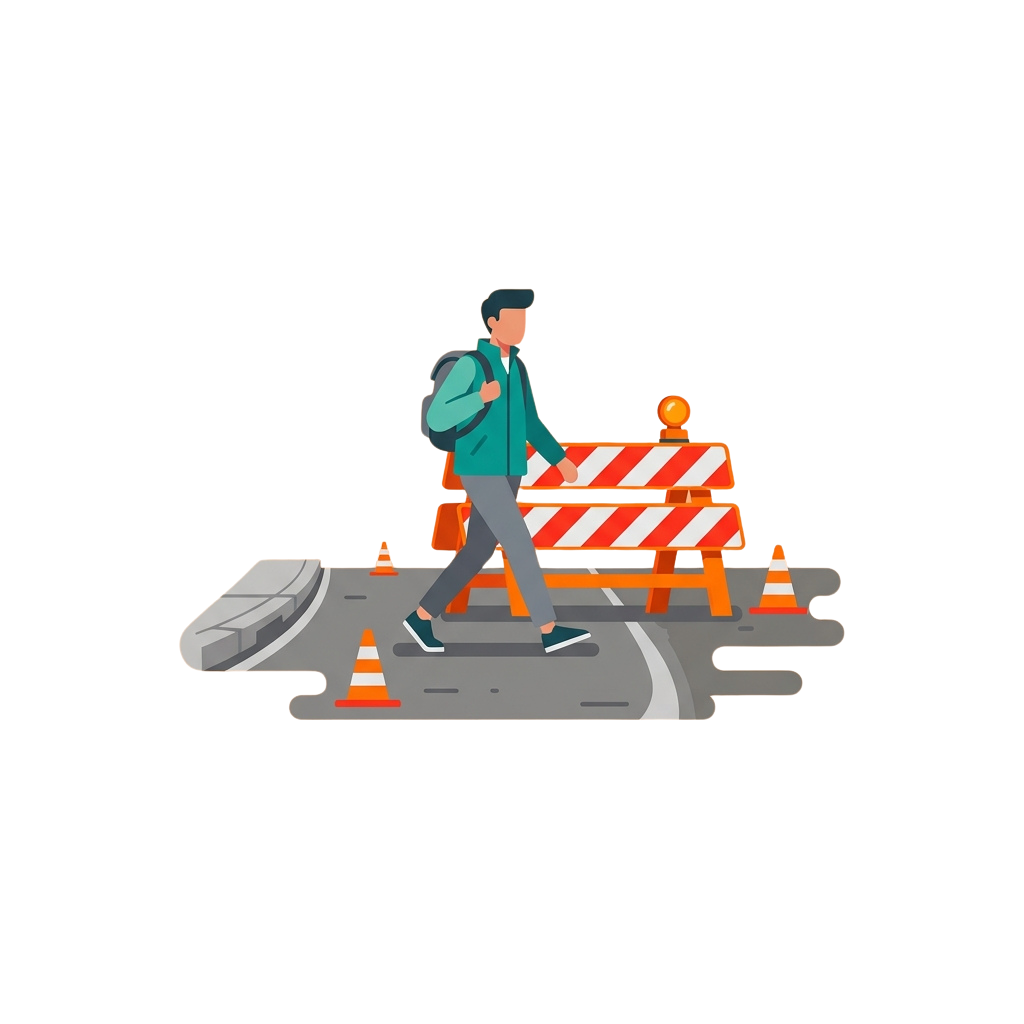 Person walking on a road with construction barriers and traffic cones around a pothole