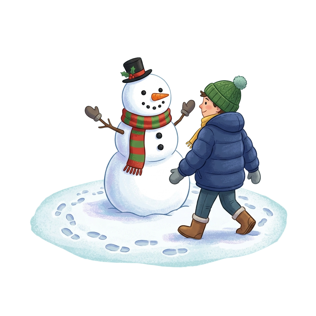 A child in winter clothing standing next to a cheerful snowman with a top hat and scarf in a snowy area
