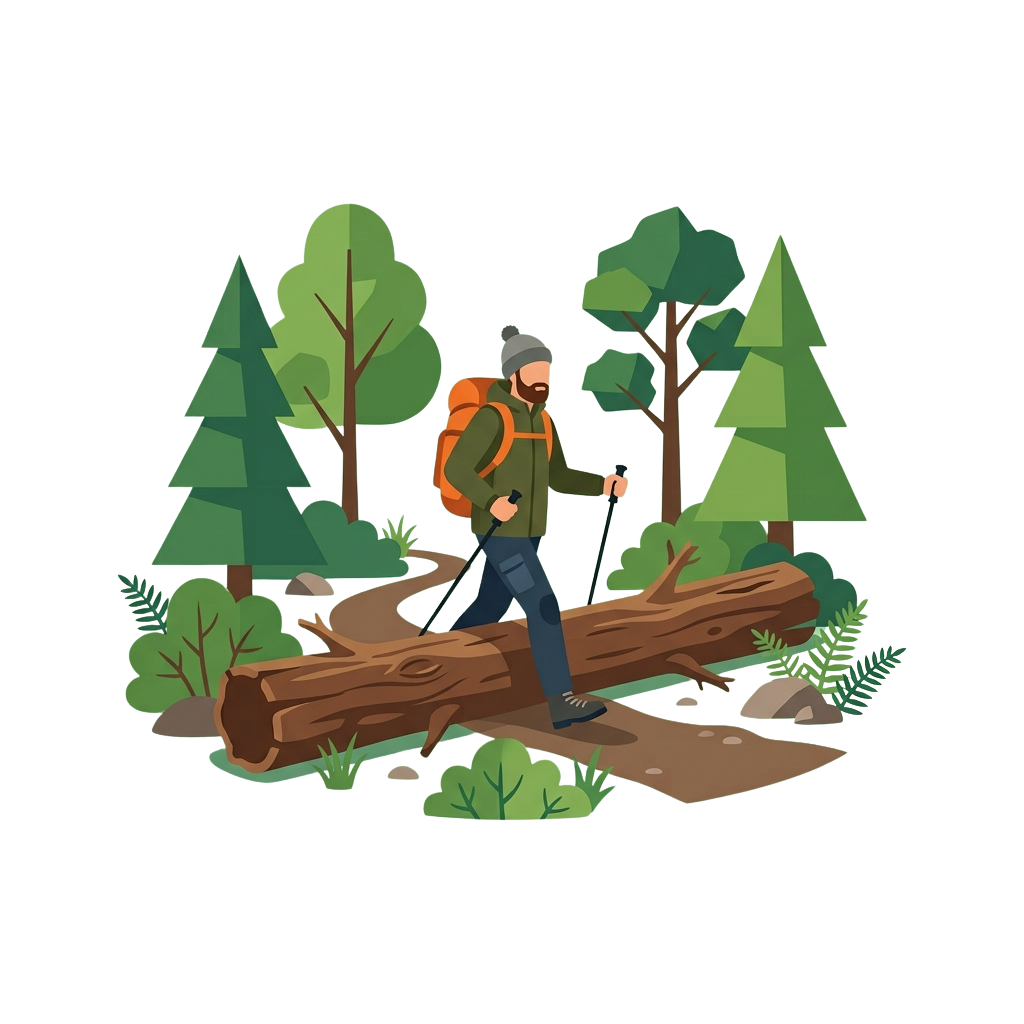 Person hiking with trekking poles over a fallen tree in a forest