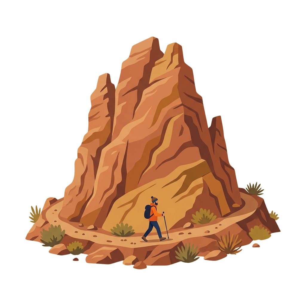 A person hiking with a backpack and trekking poles on a rocky desert mountain trail