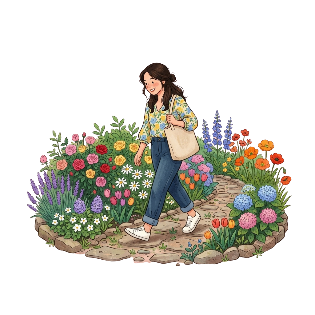 A smiling woman walking on a stone path surrounded by vibrant flowers and greenery
