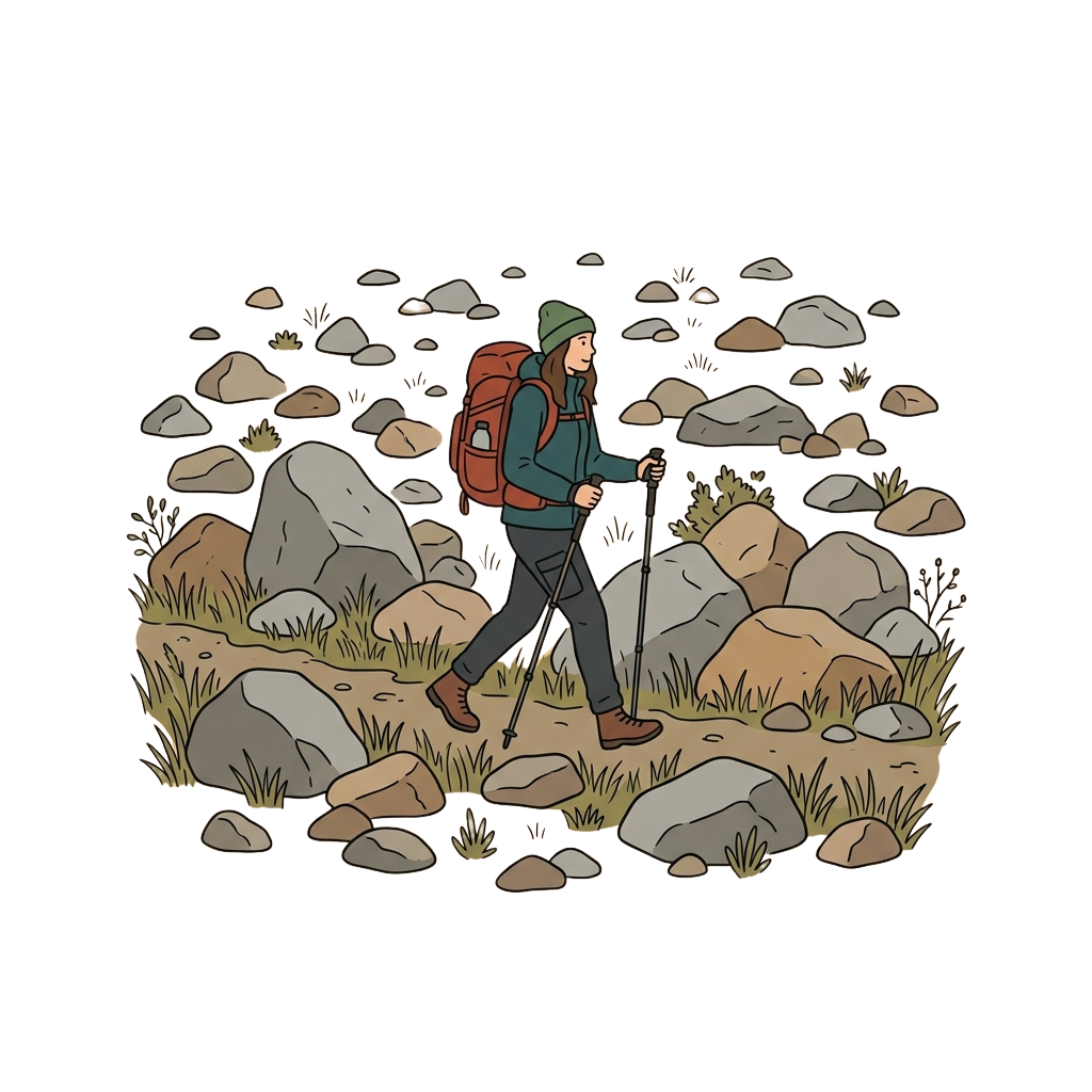 Person hiking with backpack and trekking poles on a rocky, grassy terrain