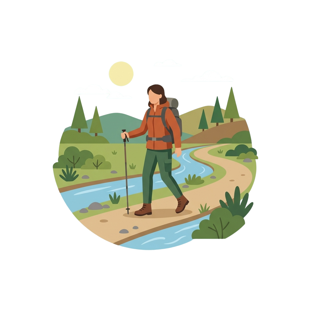 A person hiking at night along a forest trail with a full moon shining above.