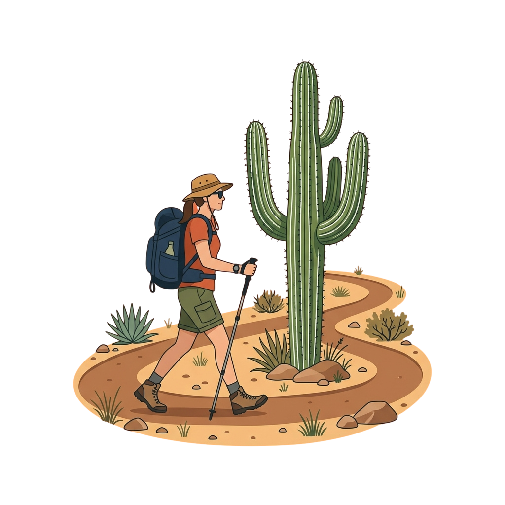 Illustration of a hiker with a backpack and trekking poles walking in a desert near a large cactus