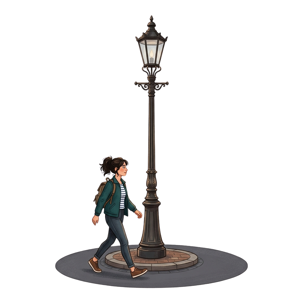 A person with a backpack walking past a lit street lamp on a circular platform at night