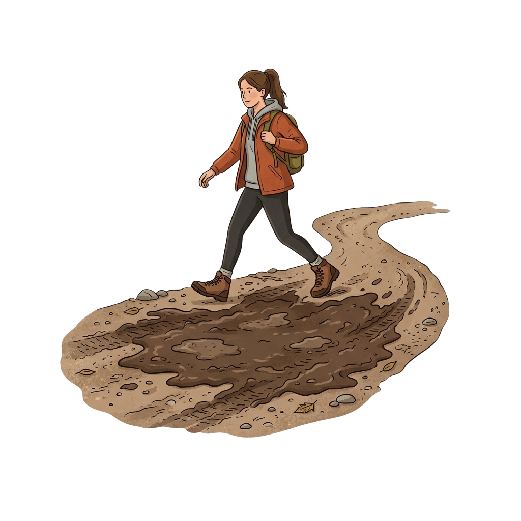 Person wearing hiking boots and backpack stepping over a large muddy puddle on a trail