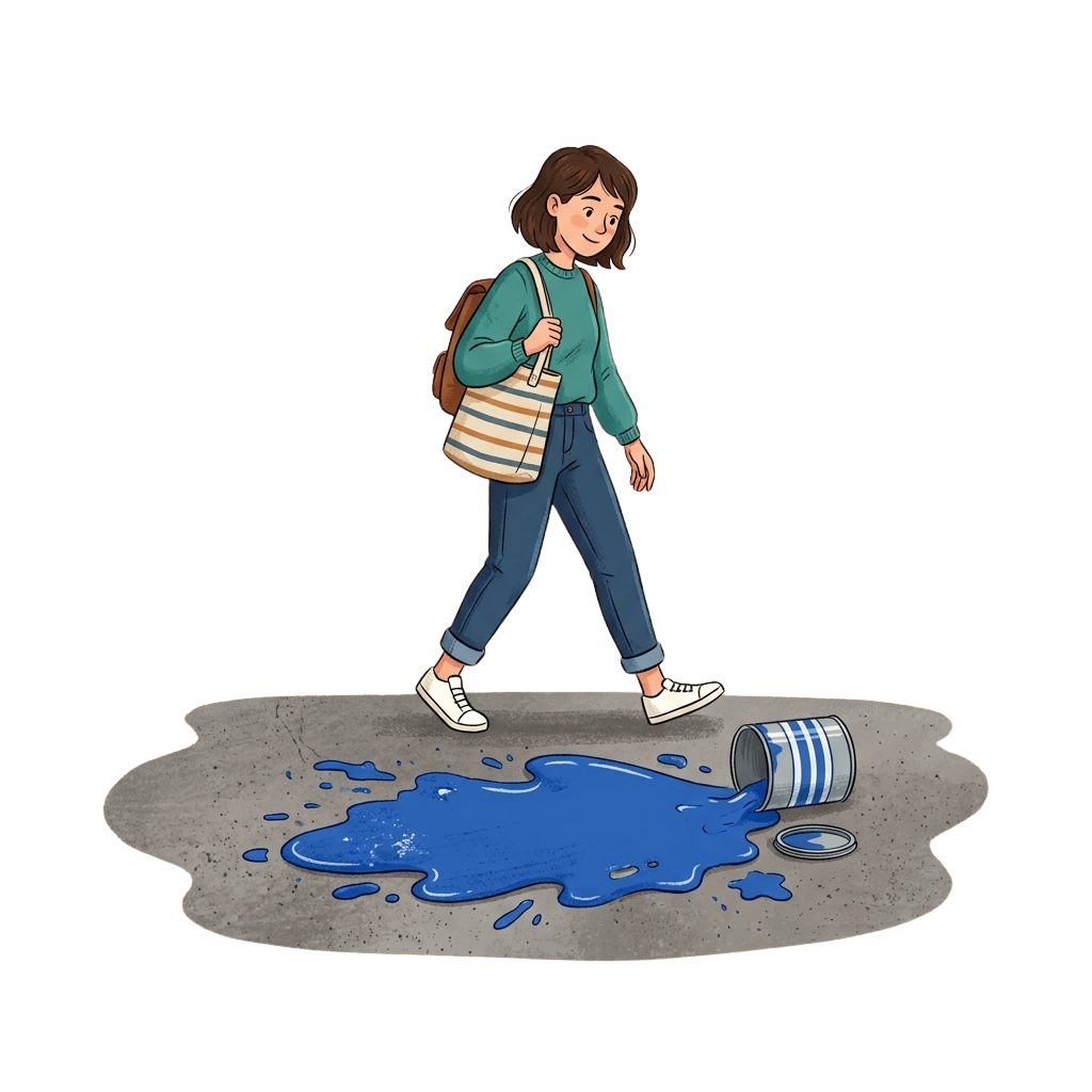 A woman in casual clothes steps around a blue paint spill on the sidewalk with a tipped-over striped bucket nearby