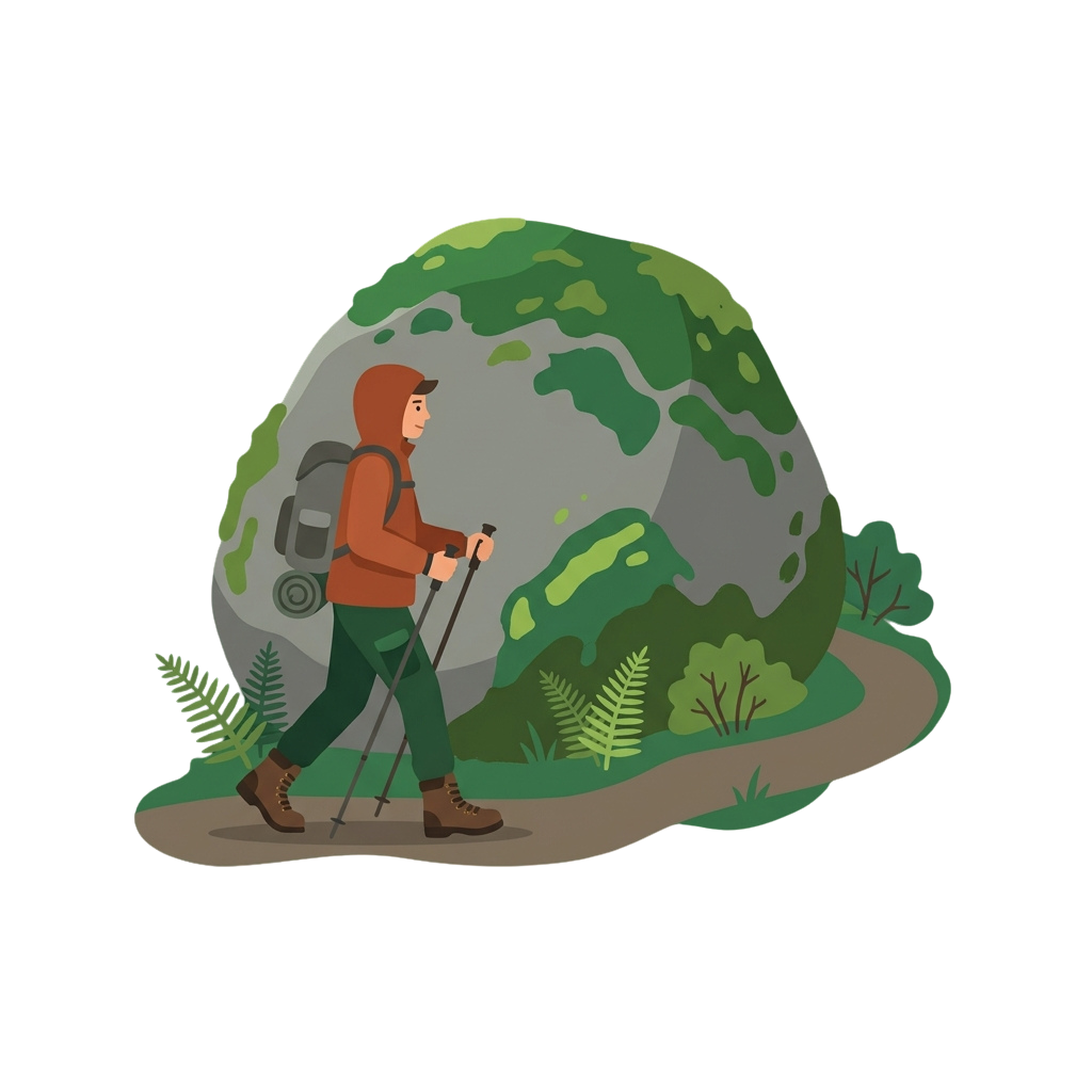 A person hiking uphill with trekking poles and a backpack in a lush, green forest setting