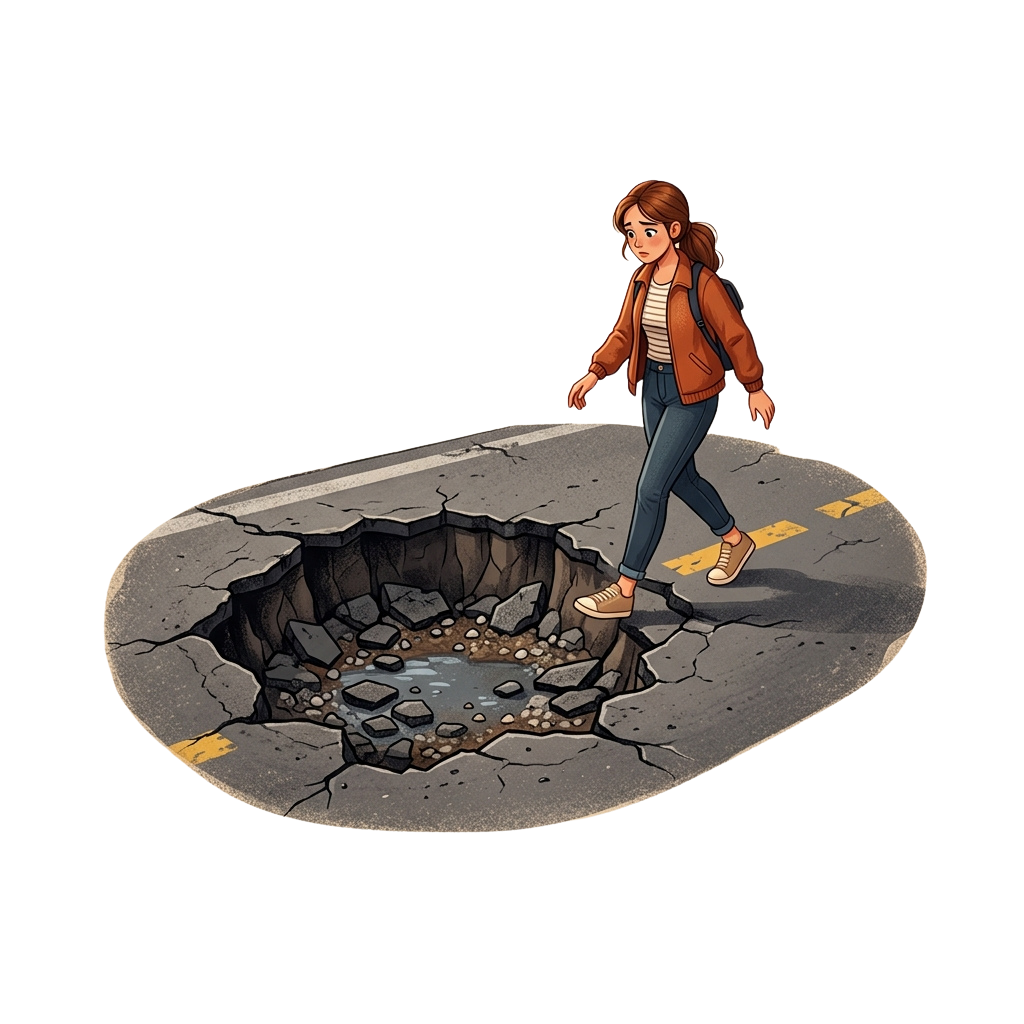 A person in a red jacket and jeans walking beside a large, deep pothole on a cracked road surface.