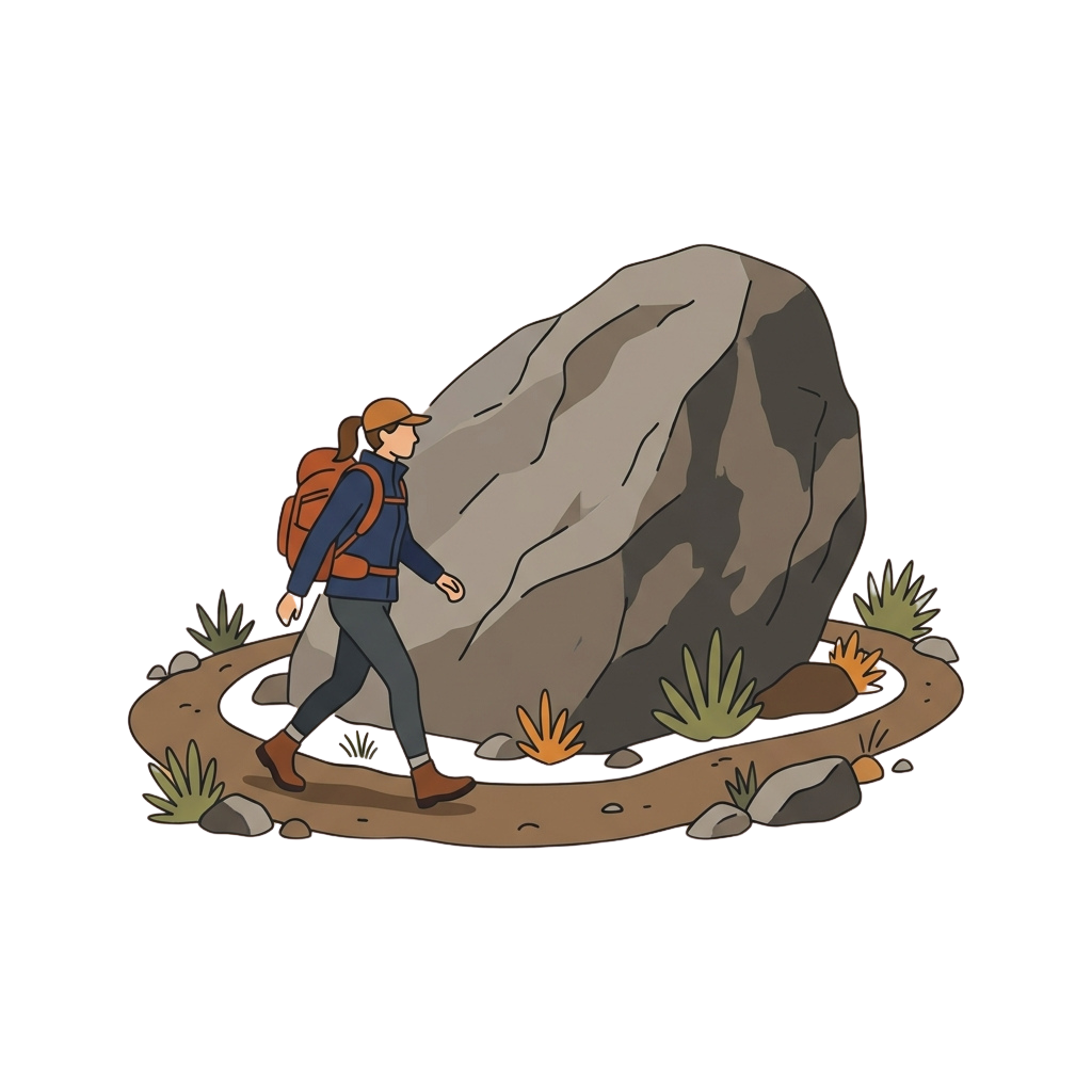 Illustration of a hiker in outdoor gear walking beside a large rock in a desert environment with sparse vegetation