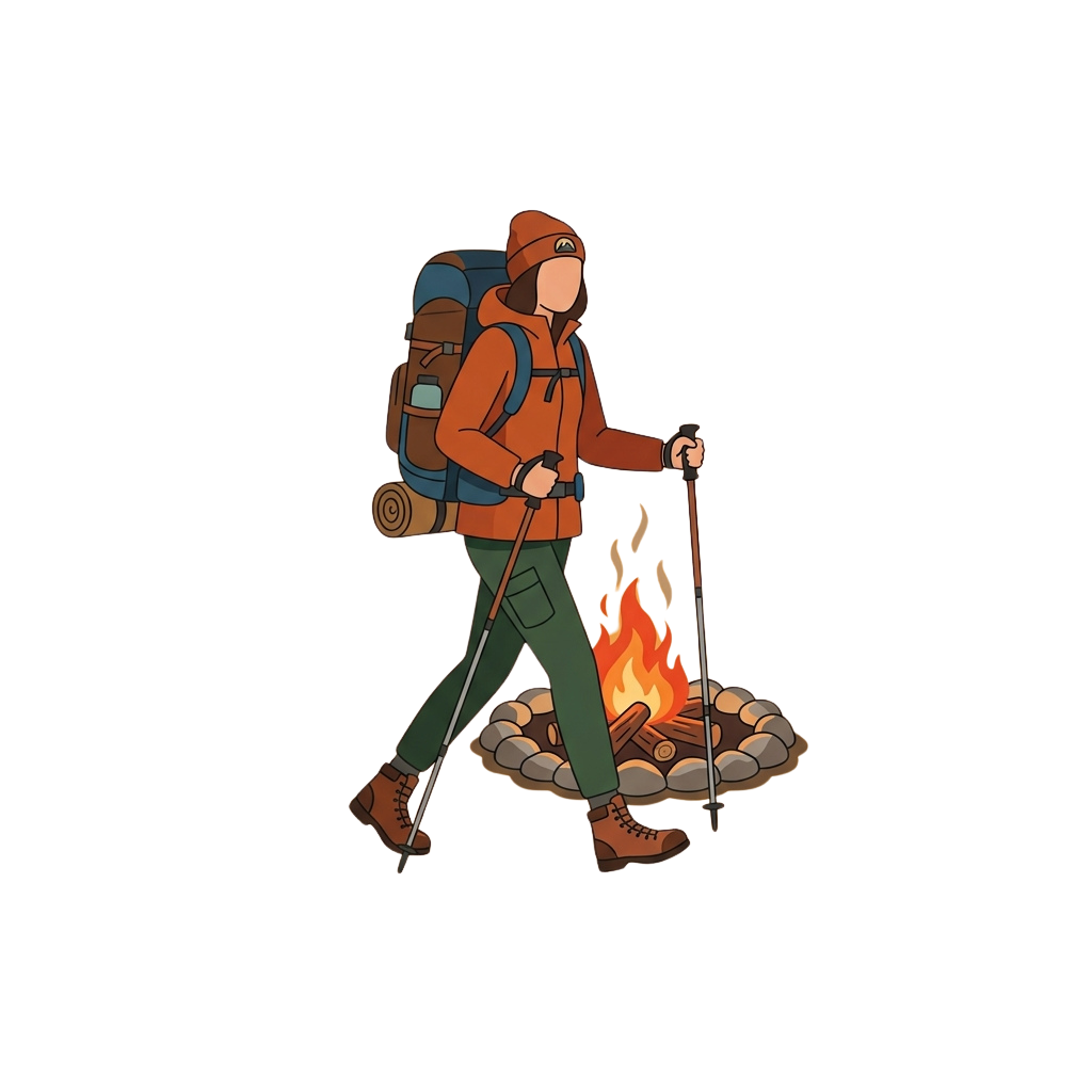 Illustration of a hiker in outdoor gear walking past a campfire with trekking poles at night