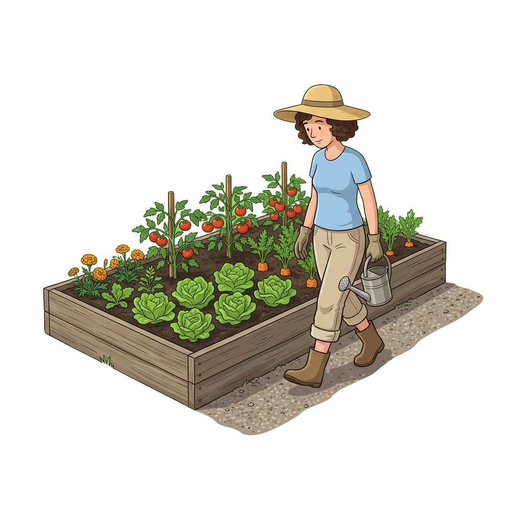 A person in gardening clothes and hat tending a raised garden bed with tomatoes, lettuce, carrots, and flowers