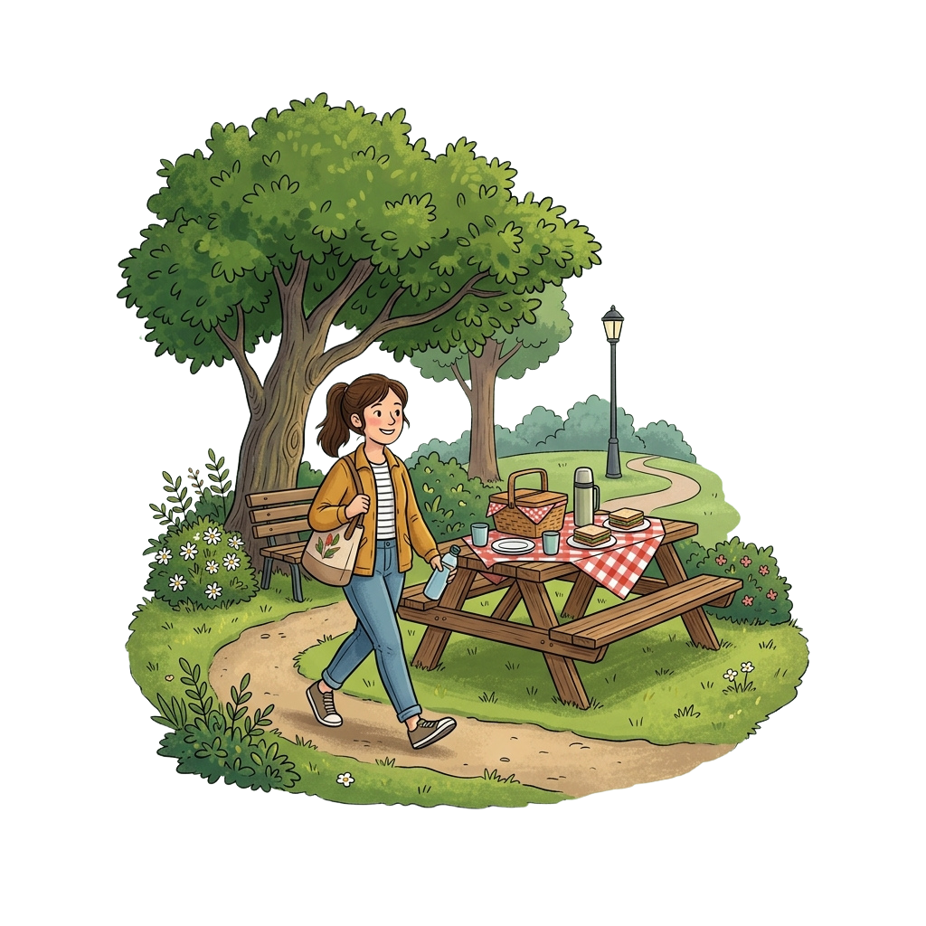 A woman walking towards a picnic setup with a checkered tablecloth and food on a park bench under trees at night.