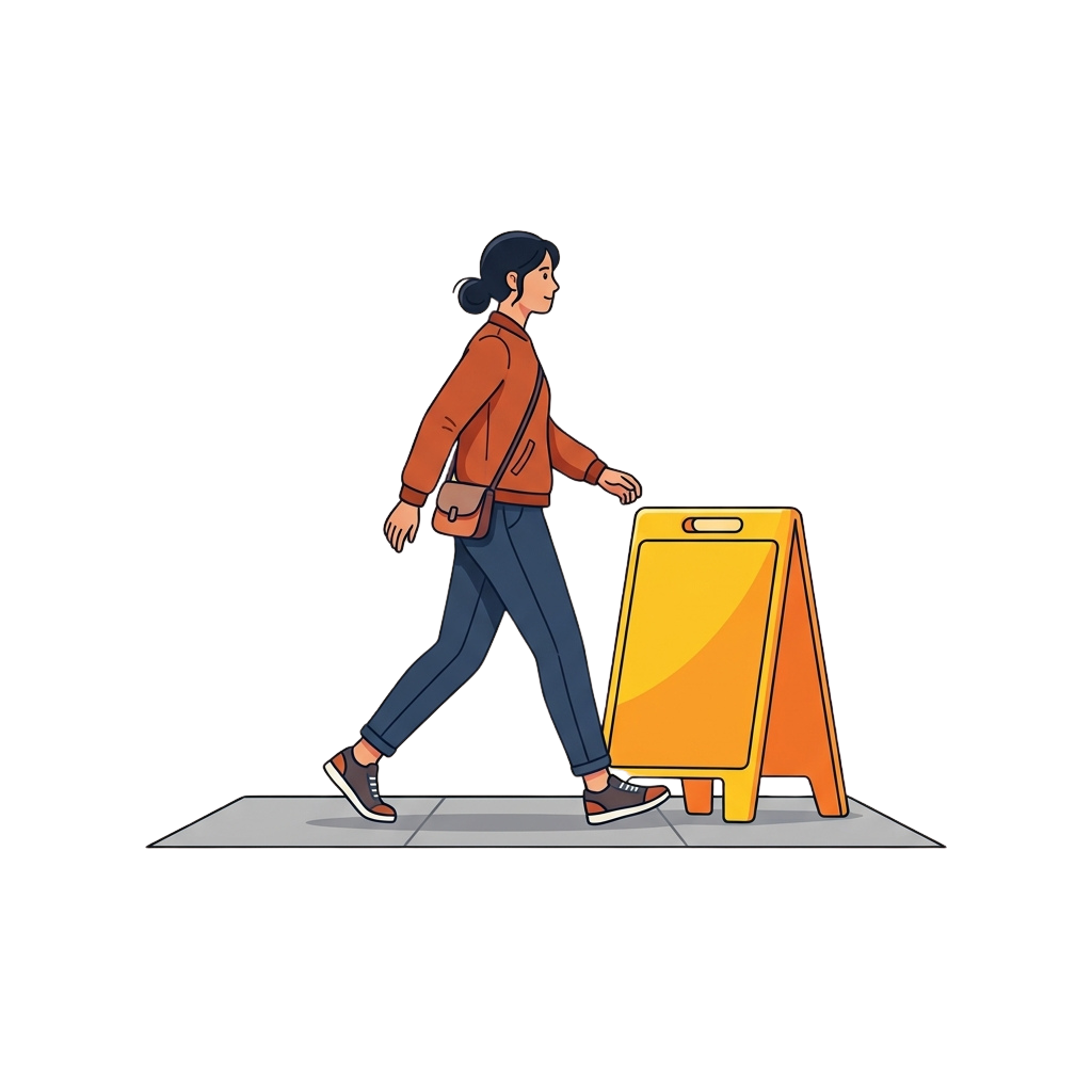 A person in a red jacket and blue jeans walking around a bright yellow A-frame sign on a crosswalk at night.