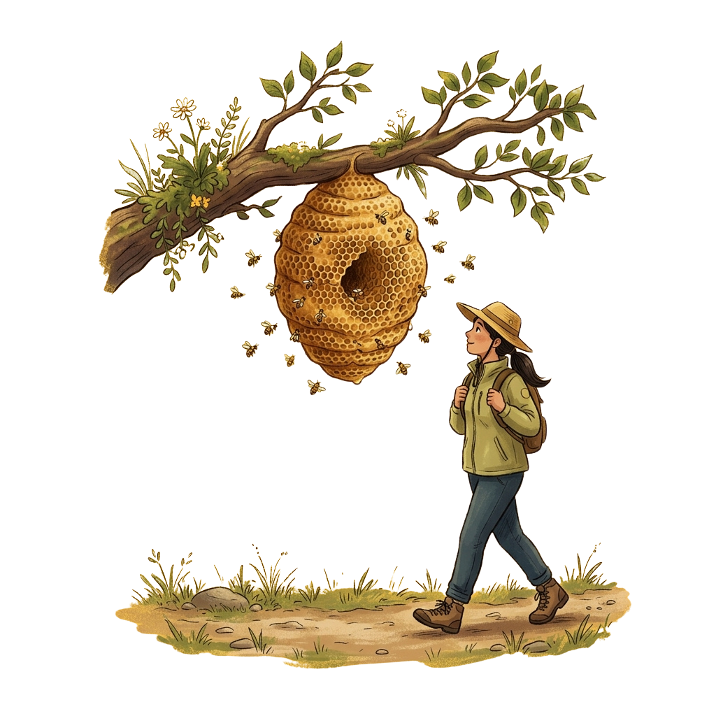 Illustration of a beekeeper observing a honeycomb hanging from a tree branch with bees flying around