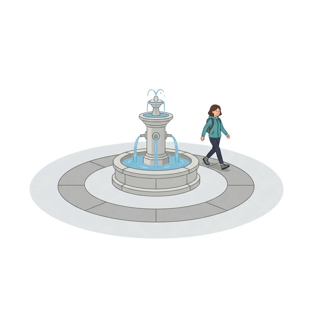 A person walking beside a circular fountain with water spouts and a shallow pool of water.