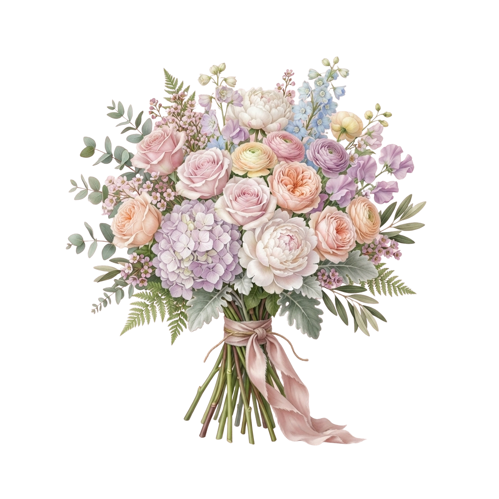 A beautifully arranged bouquet of pastel roses, hydrangeas, and greenery tied with a pink ribbon