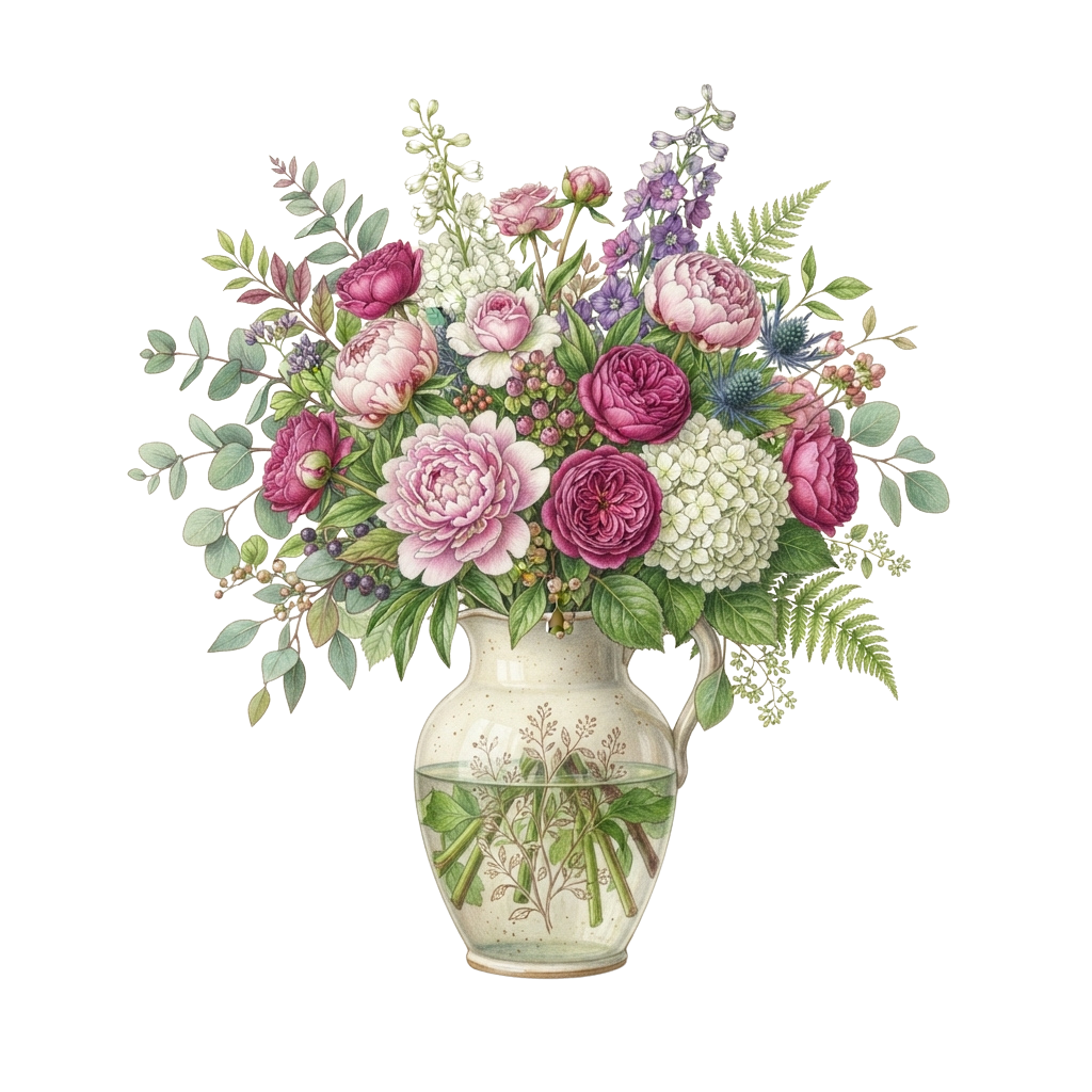 A ceramic vase holding a bouquet of pink and purple roses, greenery, and delicate flowers on a dark background
