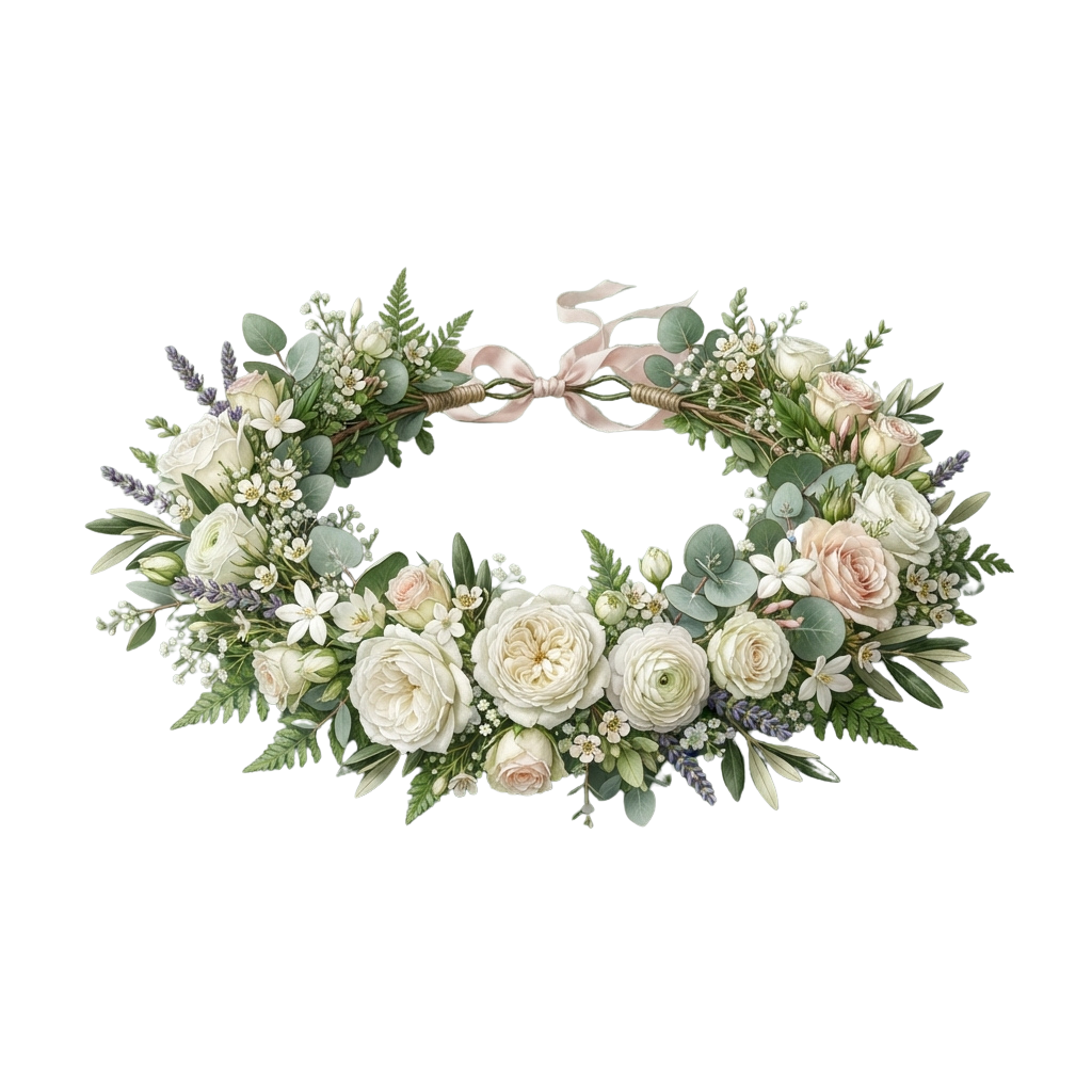 A delicate floral headband featuring white and blush roses, greenery, and soft ribbons on a black background