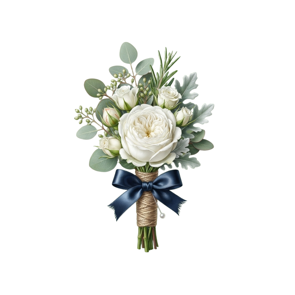 A white rose boutonniere with green foliage and a navy blue velvet ribbon bow