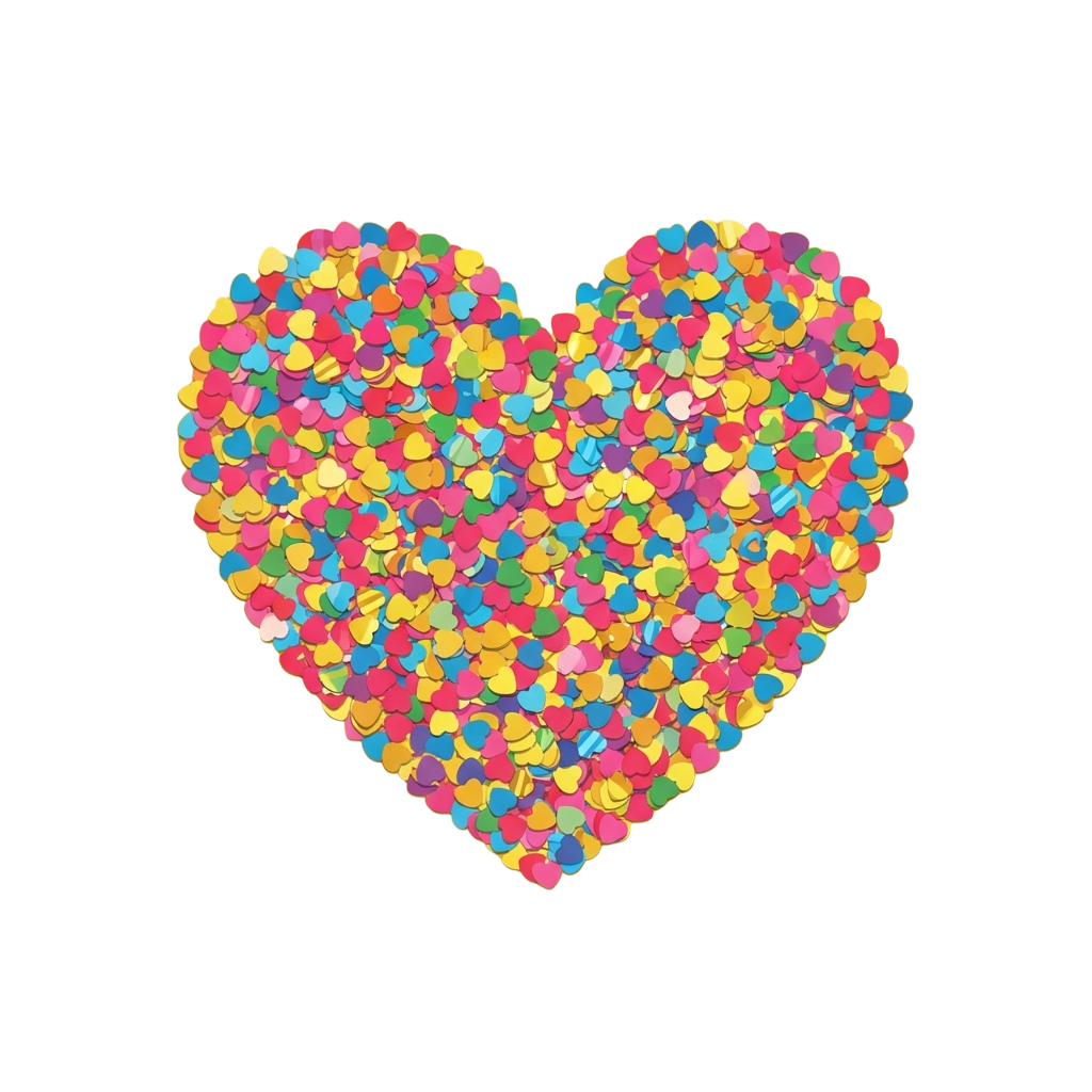 A heart shape made of multicolored confetti pieces on a black background