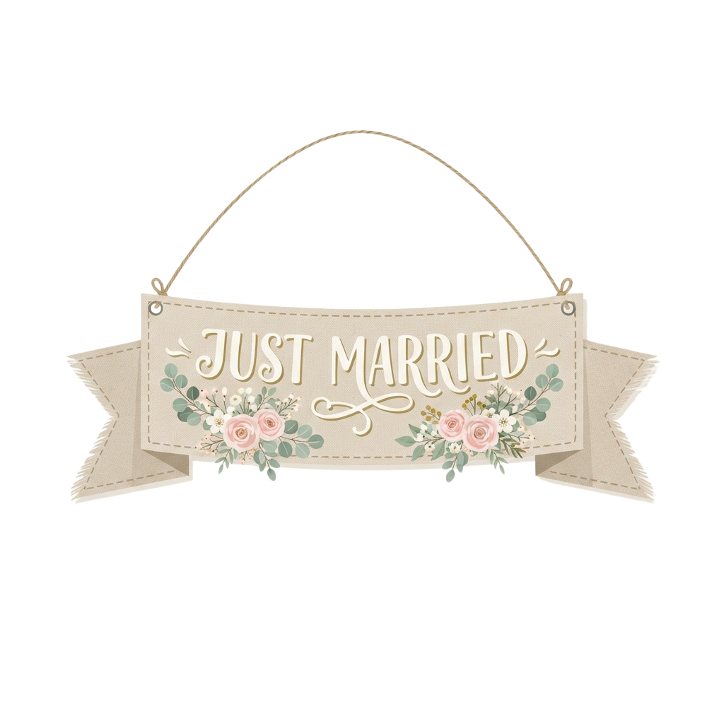 Just Married banner with floral designs and ribbon accents on a beige background