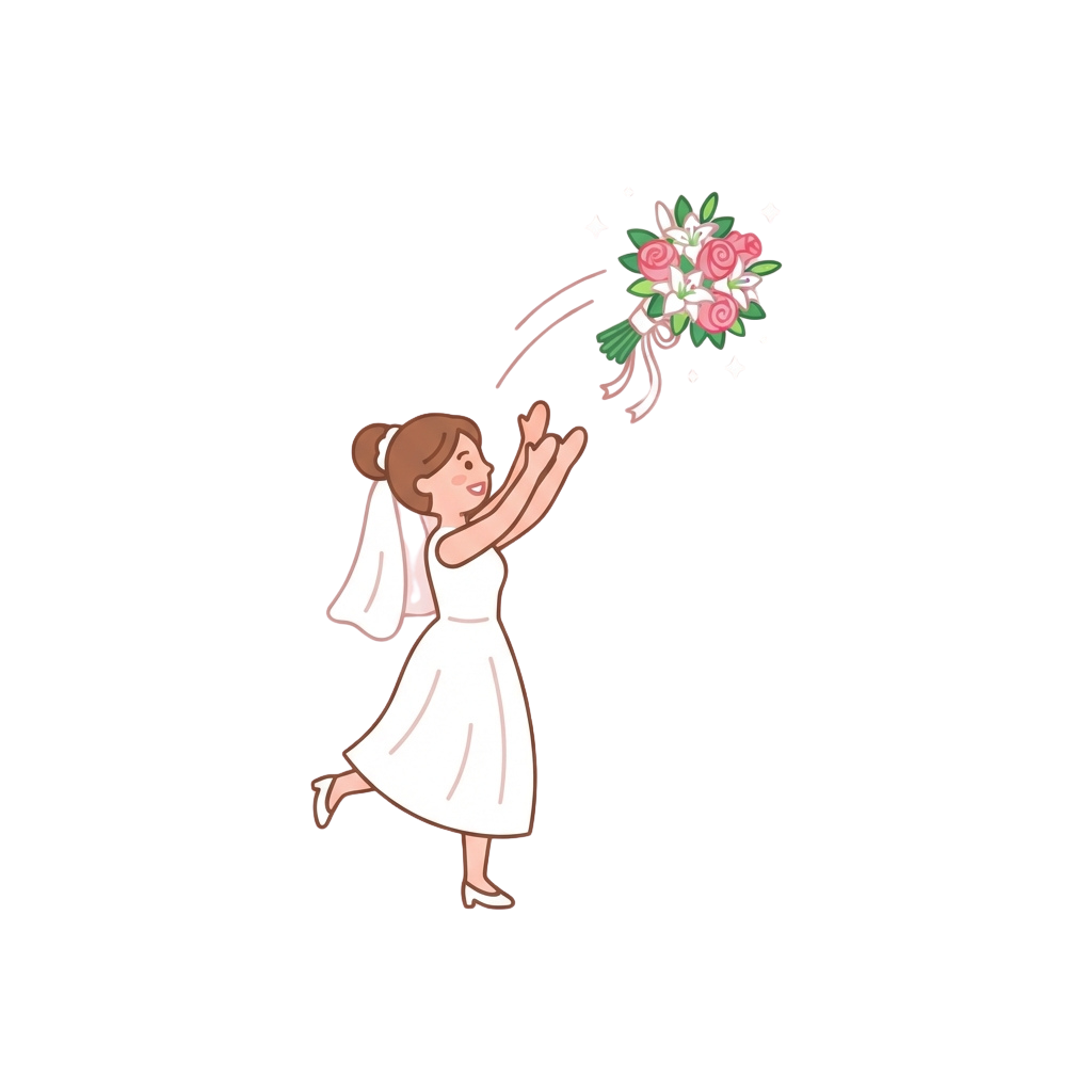 A woman in a white dress throwing a bouquet of pink roses with confetti in the air
