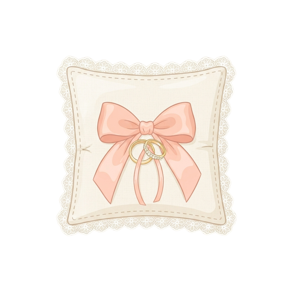 Square pillow featuring a pink bow tied around two gold rings on a cream background with lace trim