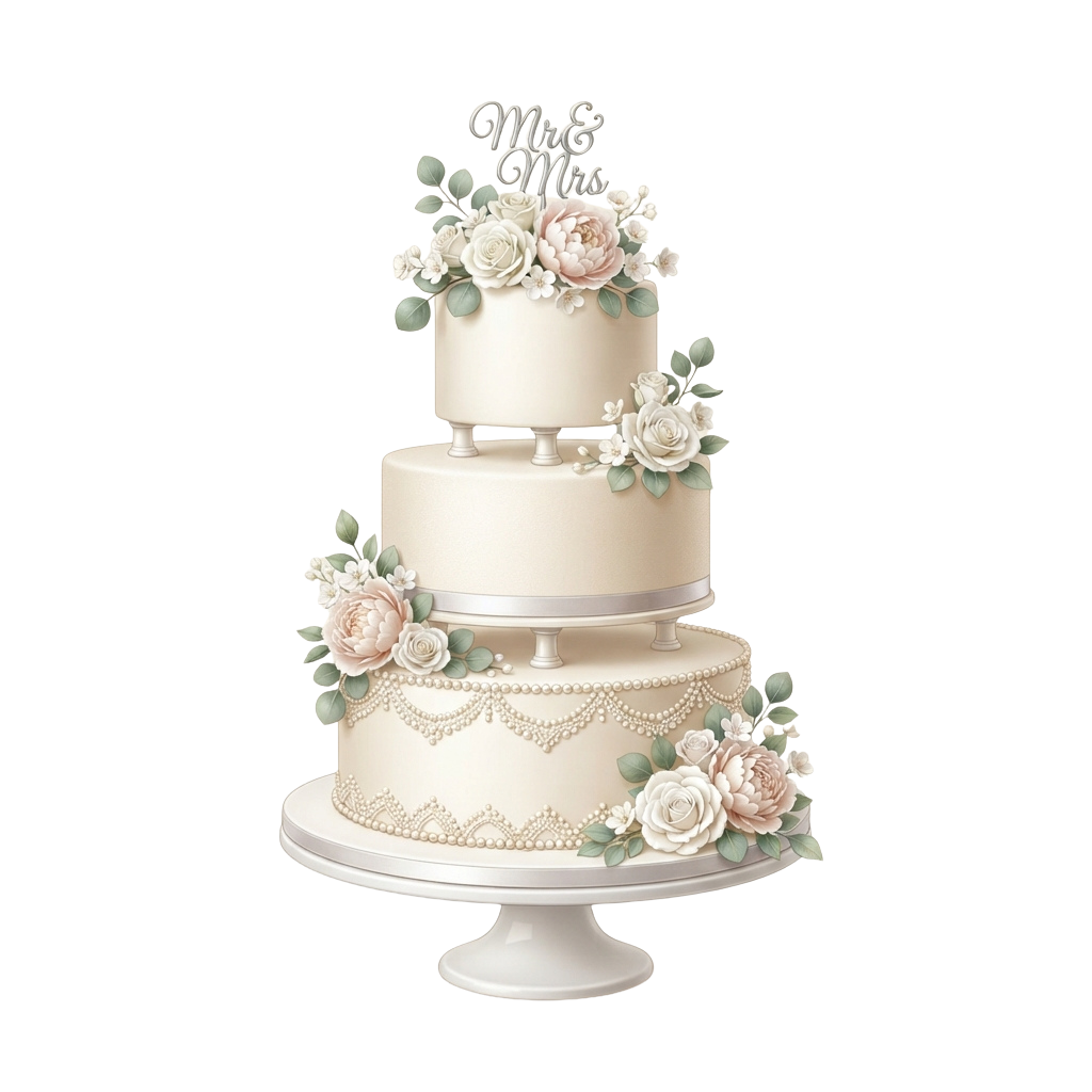 A three-tiered wedding cake with floral designs and pearl accents on each tier, topped with a decorative sign reading Mrs and Mrs.