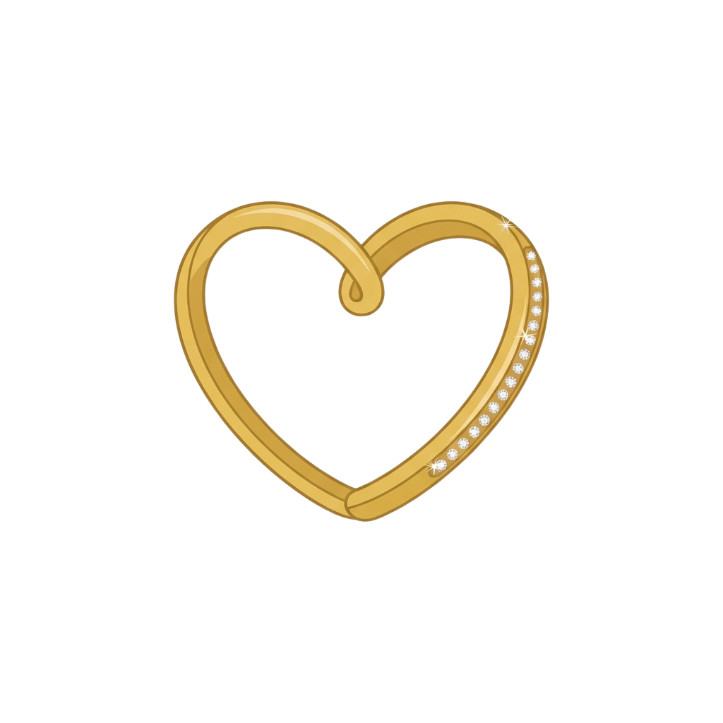 A gold heart-shaped ring with small sparkling stones along the bottom edge
