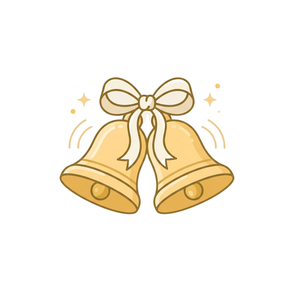 Two golden bells tied together with a decorative white ribbon against a dark background