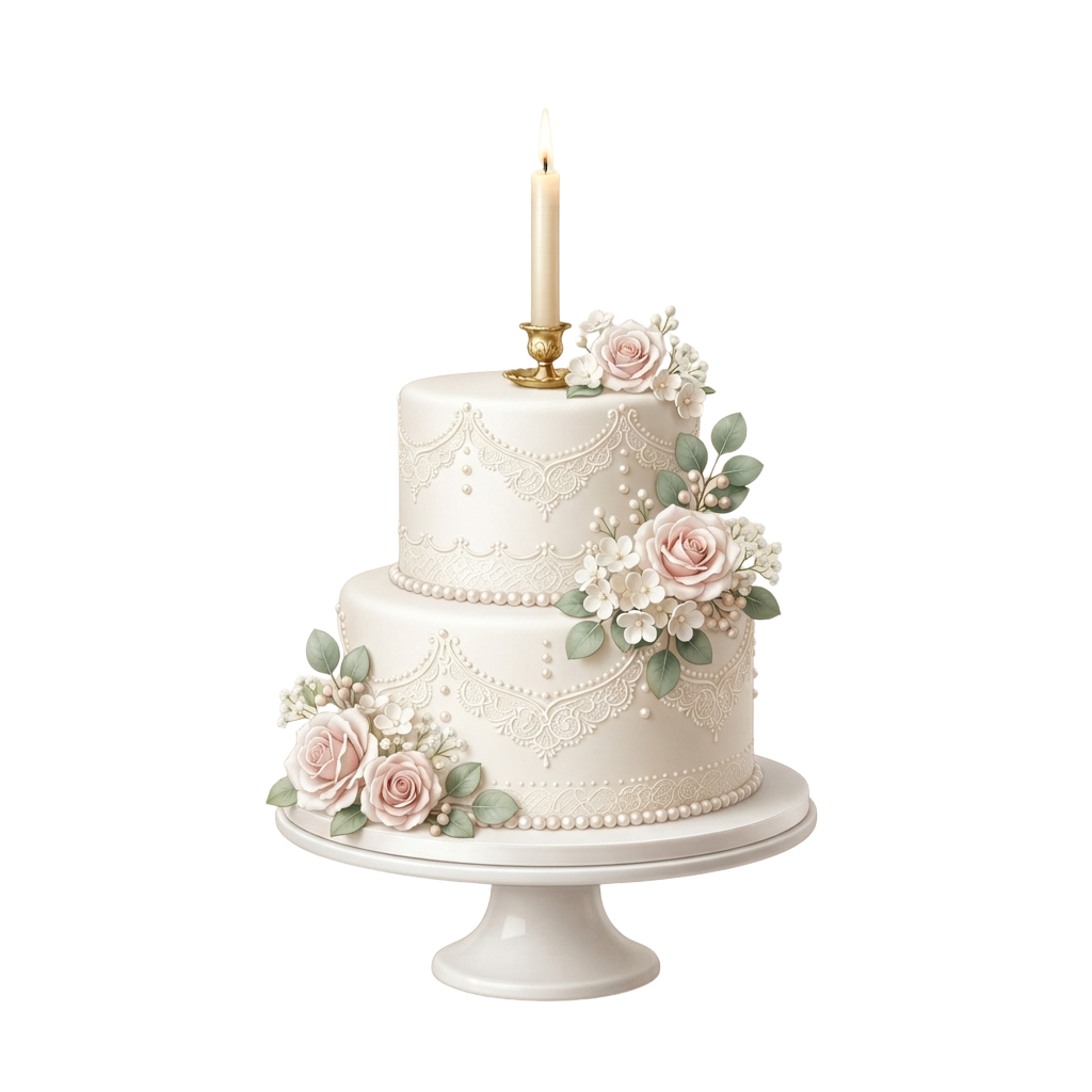 A beautifully decorated three-tier white wedding cake with roses and pearls, topped with a lit candle