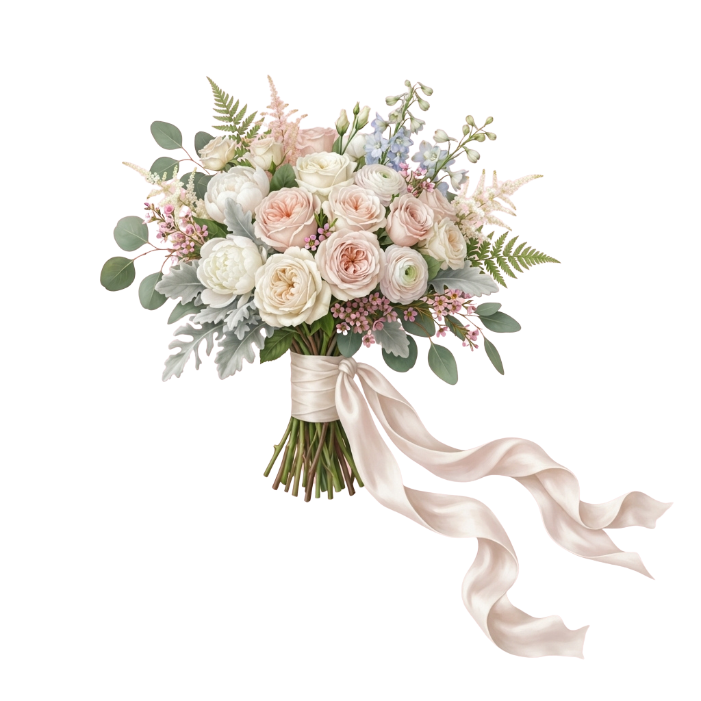 A beautifully arranged bouquet featuring white and blush roses, greenery, and a soft pink ribbon.