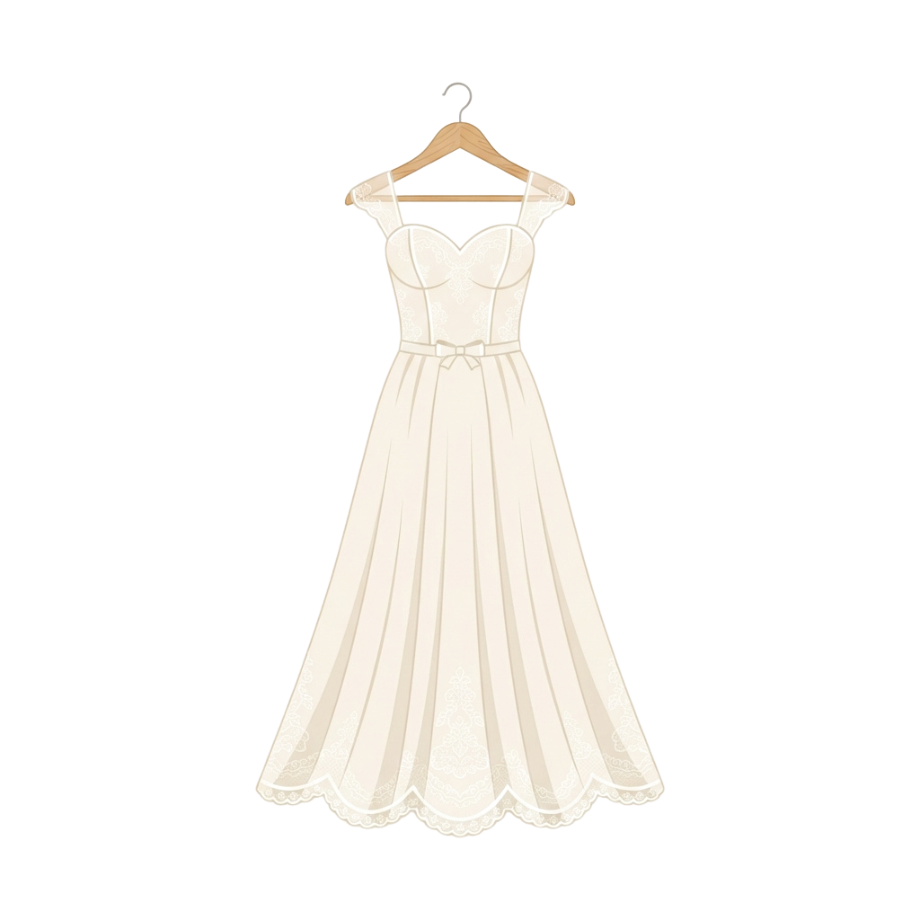 Ivory wedding dress with sweetheart neckline, fitted waist, and scalloped lace hem on a hanger