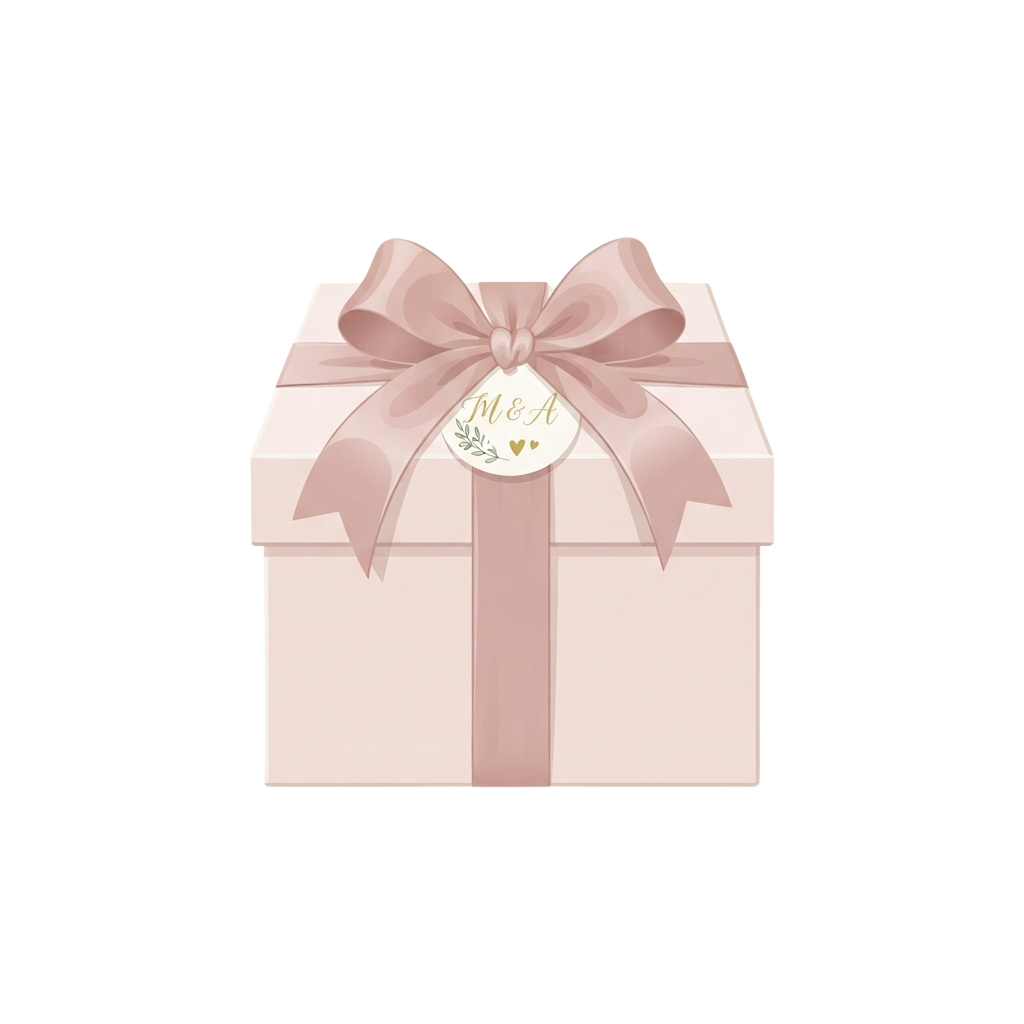 A light pink gift box tied with a large matching ribbon bow featuring a monogram tag with M and H initials