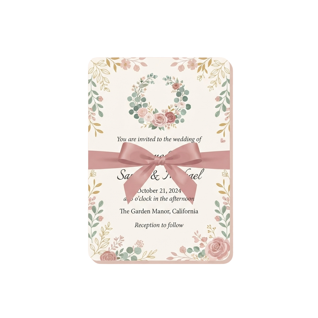 Wedding invitation card featuring floral wreath, pink ribbon bow, and elegant script text for a ceremony and reception