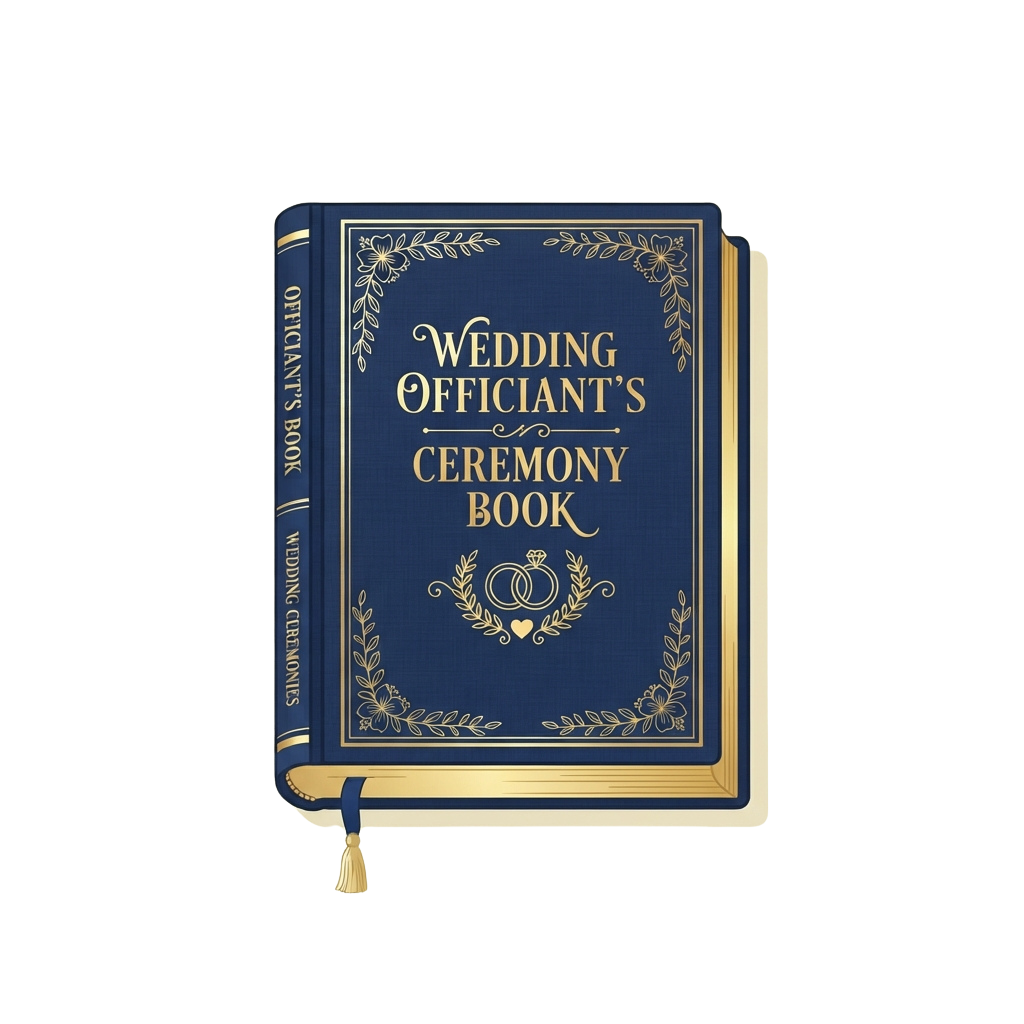 Elegant blue wedding officiant ceremony book with gold embossed text and decorative border