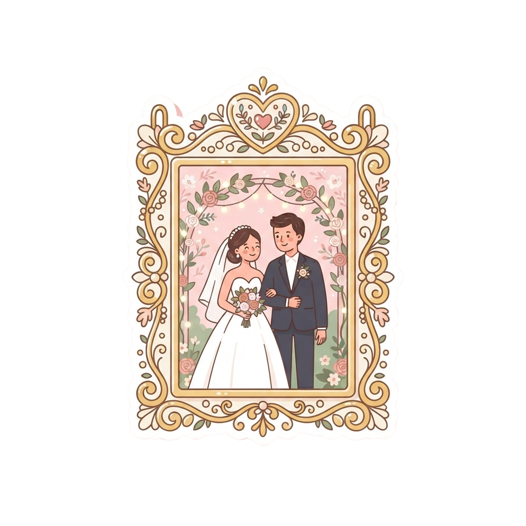 Illustration of a bride and groom standing together in an ornate gold frame with floral decorations