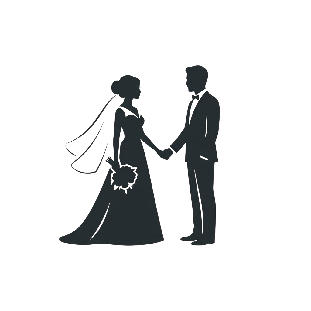 Silhouette of a bride and groom holding hands, bride in wedding gown and groom in suit