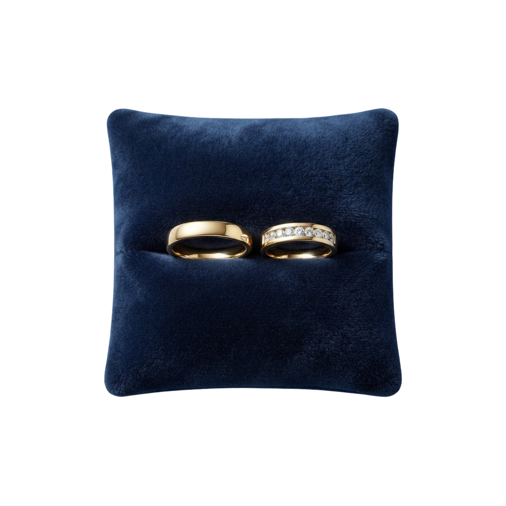 Two gold wedding rings placed inside a dark blue velvet ring box