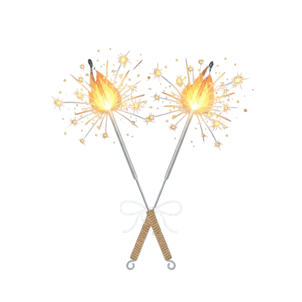 Two lit sparklers shaped like hearts tied together with a decorative ribbon bow