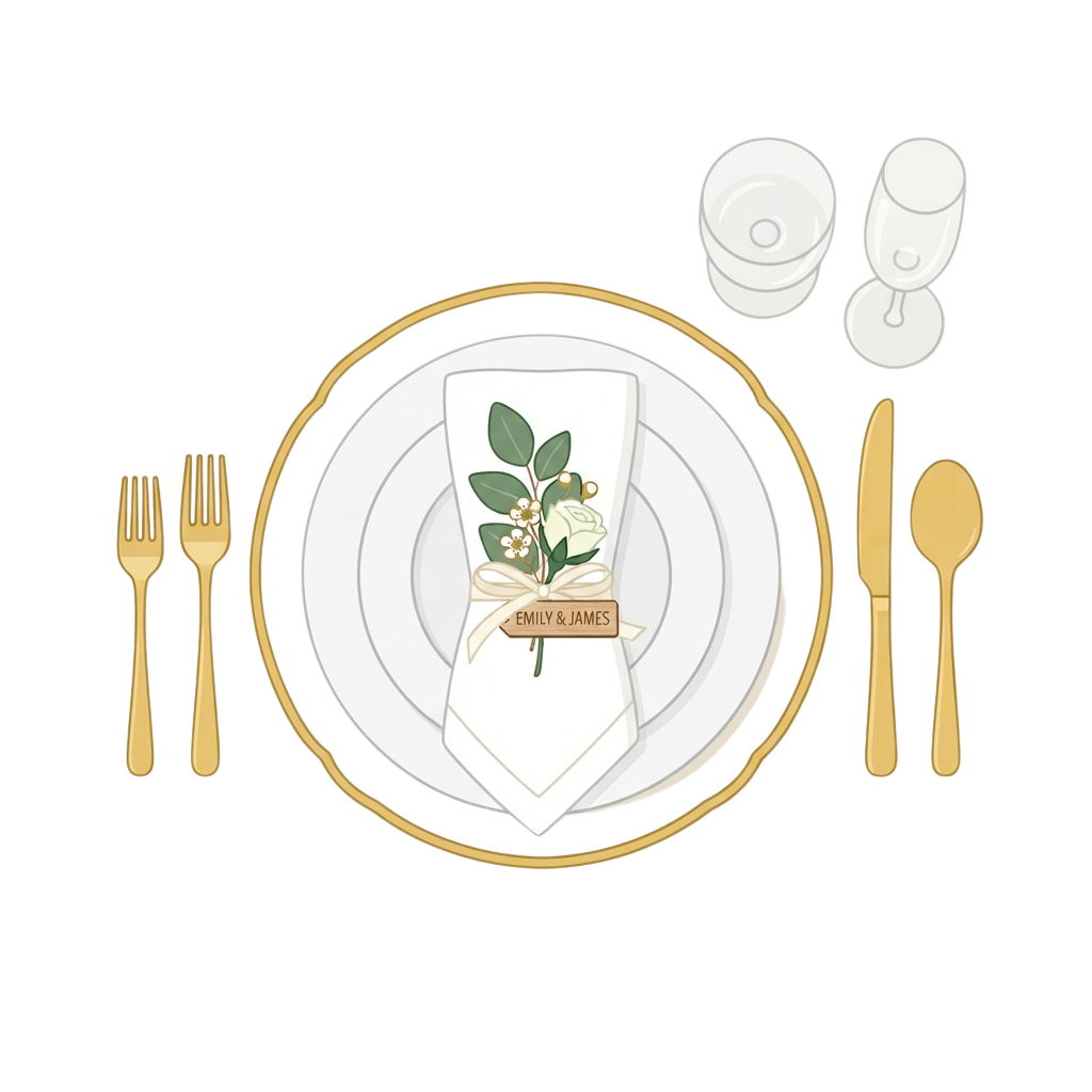 Wedding table setting with gold fork, knife, spoon, plate, napkin featuring floral design, and two glasses