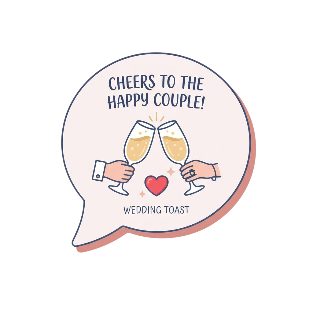 Two hands clinking champagne glasses with a heart between them, labeled wedding toast cheers to happy couple